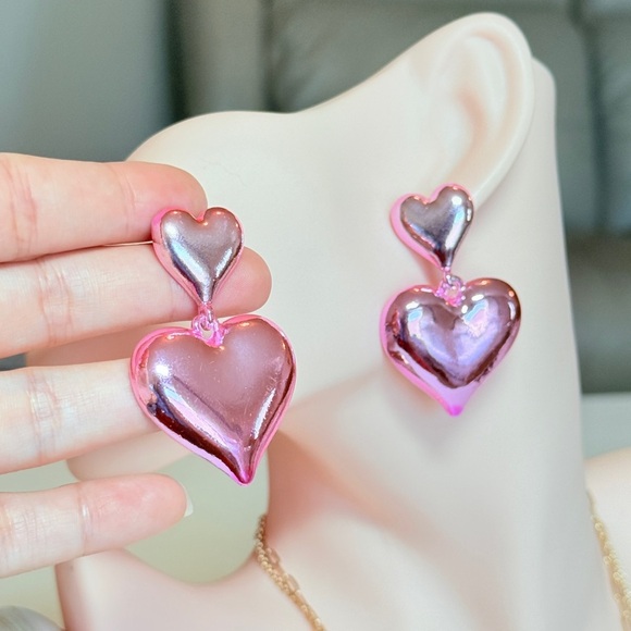Pink and Silver Heart Earrings - Picture 5 of 10